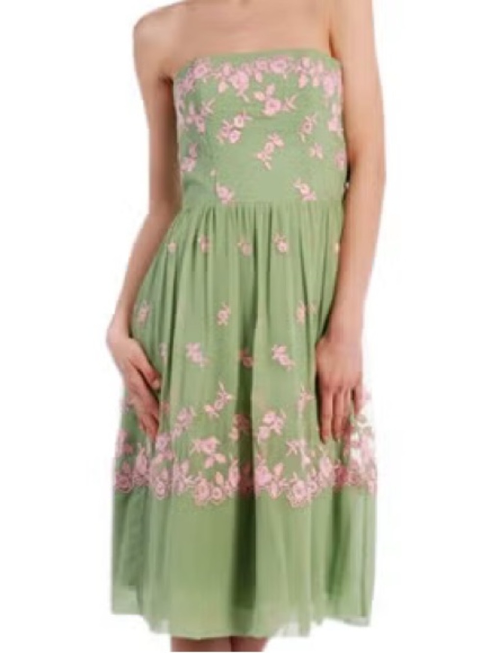 Vintage Betsey Johnson 100% Silk Green Pink Floral Strapless Cocktail Dress 4